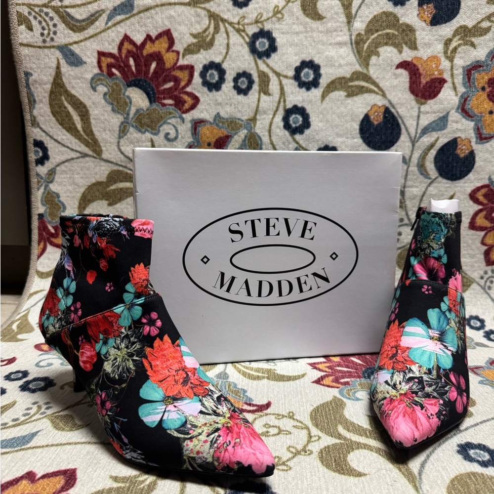 Steve Madden Black and Pink Ankle Booties with Floral Design